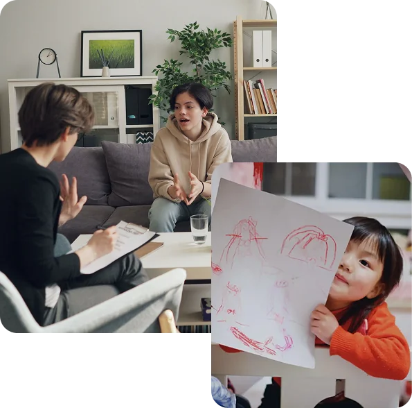 協會介紹 小女孩分享自己的畫作展現語言表達,成人在家庭諮詢中與治療師討論並記錄需求,呈現協會服務涵蓋兒童與成人的完整關懷