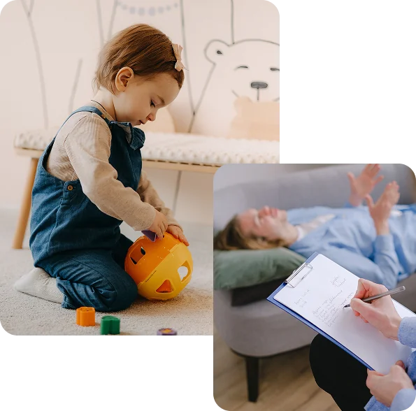 首頁 幼兒專心操作形狀教具,語言治療師同步記錄個案評估與治療計畫,語聲語言治療所首頁主視覺